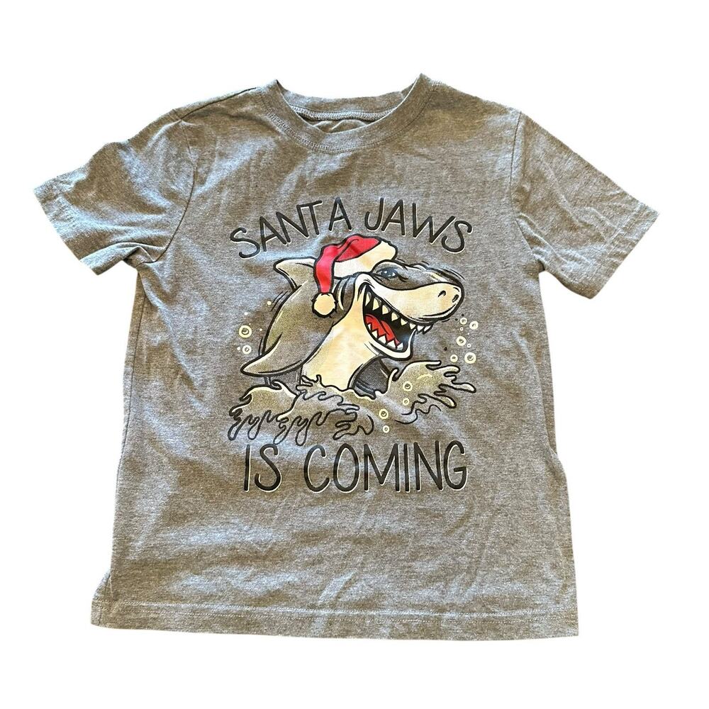 Boys Christmas T-Shirt Shark Santa Jaws is Coming to Town Gray XS 6/7 North Pole